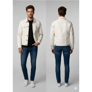 John Varvatos Denim Jacket Men Size M Ivory Collared Neck Long Sleeves Zip Up